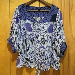 August Silk Womens Silk Peplum Blouse Puff Sleeve Blue Purple Size XL Fairy Boho